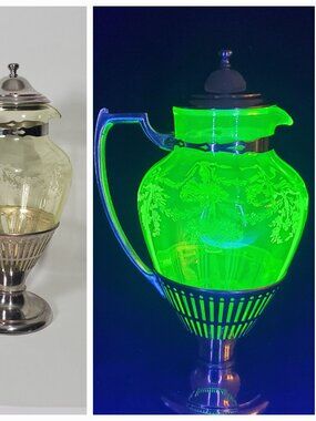 Antique Uranium Vaseline Glass Pitcher Silver Plate UV Glow